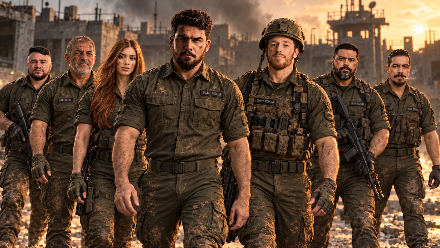 Equipe MCF em uniforme de guerra entre ruínas